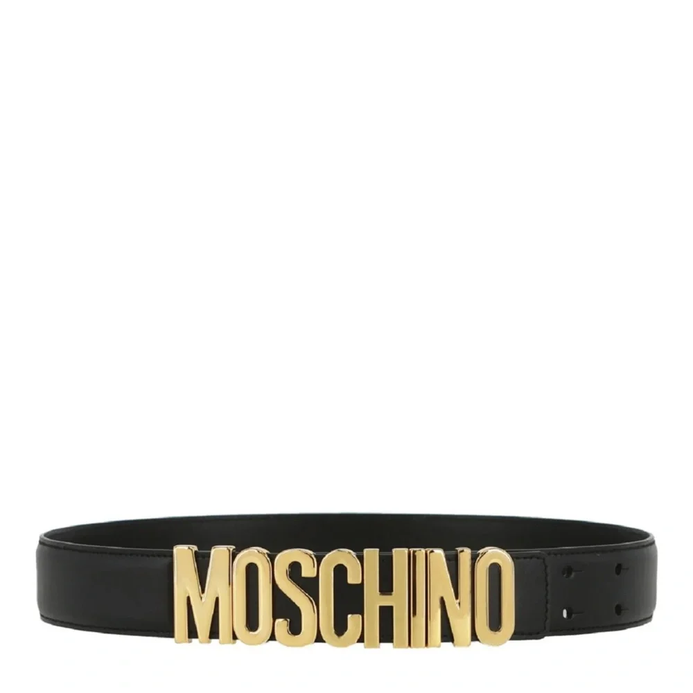 Moschino Black Leather Logo Belt Gold Hardware Size 38 Made in Italy